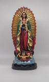 VIRGEN DE GUADALUPE CON CONCHA BASE REDONDA EN RESINA DE 12 PULGADAS, HECHO EN MEXICO